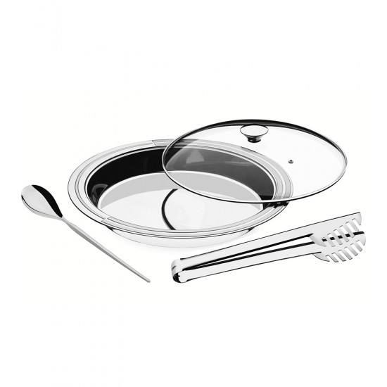 Travessa 39cm Ciclo Aço Inox Tramontina Com Tampa De Vidro E Talheres